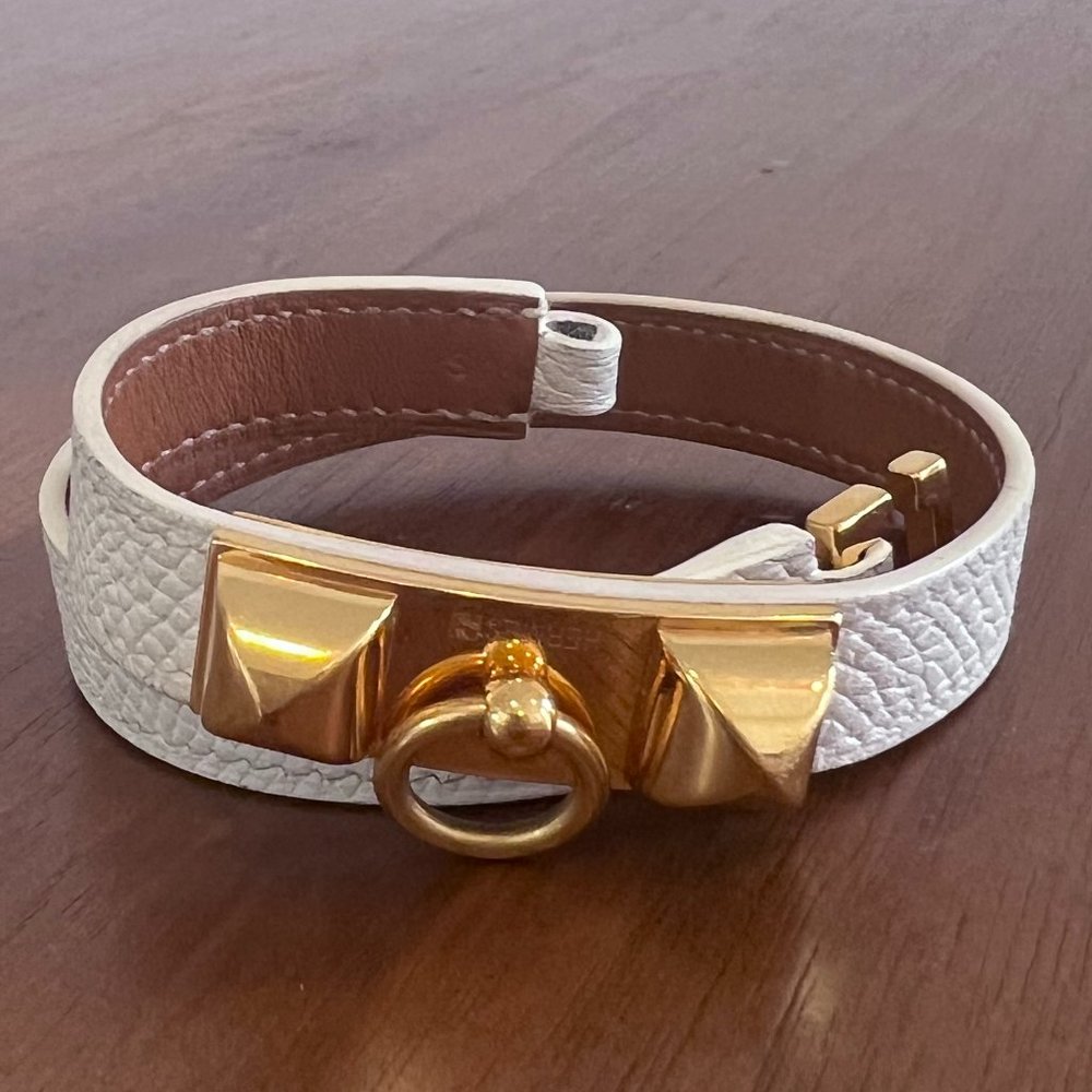 Hermès Rivale Double Tour Wrap Bracelet White Leather Gold Palladium Studs